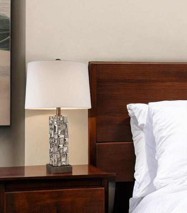 HomeRoots Silver Table Lamp with Mirror-Accent Base, White Shade, and Adjustable Brightness for Modern Decor 468650
