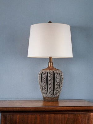 HomeRoots Primo Tall Brown Table Lamp - Elegant White Shade, 3-Way Brightness, Perfect for Any Room Decor 468651