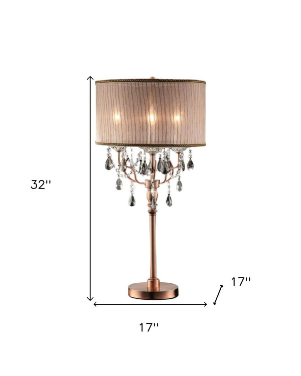 HomeRoots 32" Glamorous Rose Gold Faux Crystal Accent Lamp with Dusty Rose Shade - Chic Home Decor Light 468665