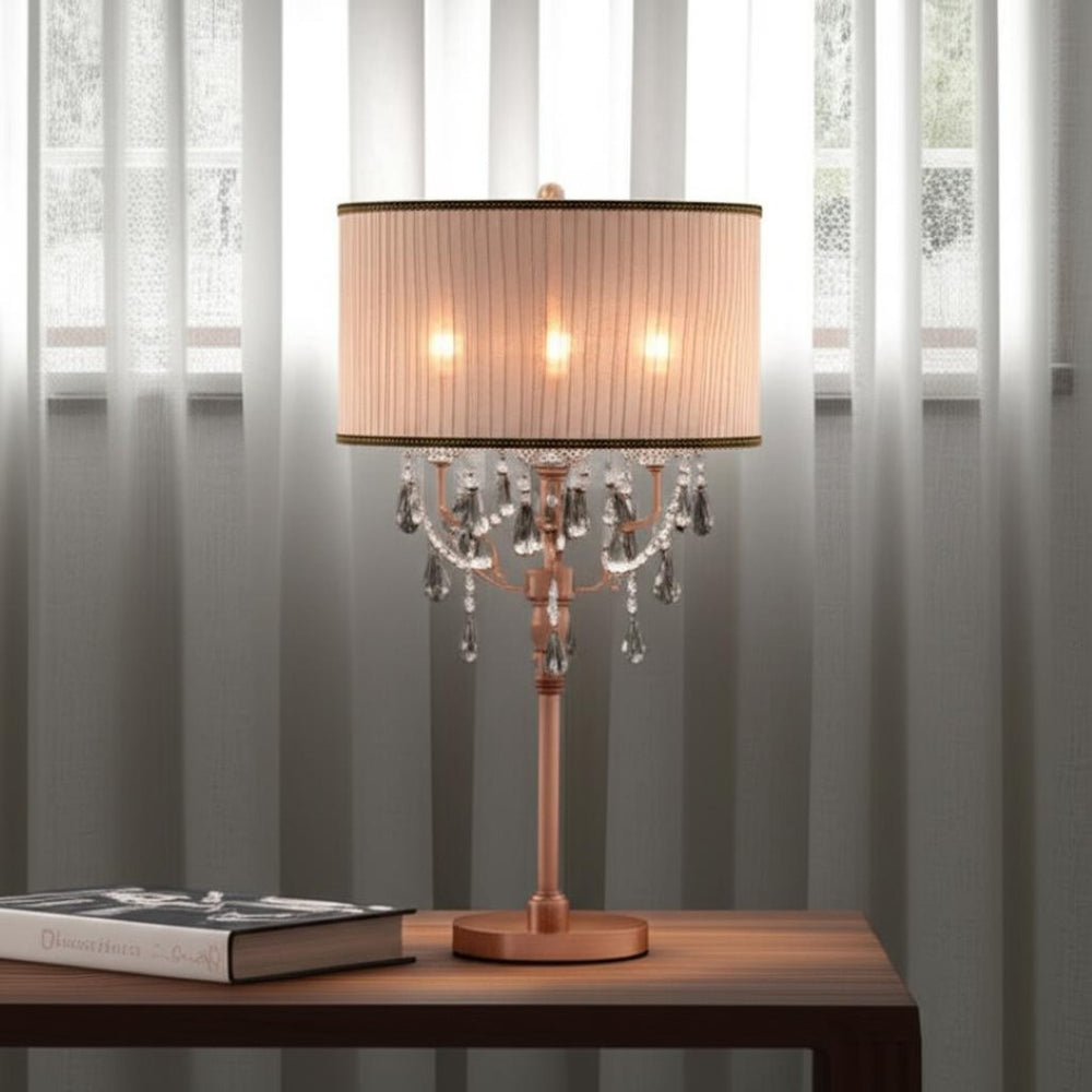 HomeRoots 32" Glamorous Rose Gold Faux Crystal Accent Lamp with Dusty Rose Shade - Chic Home Decor Light 468665