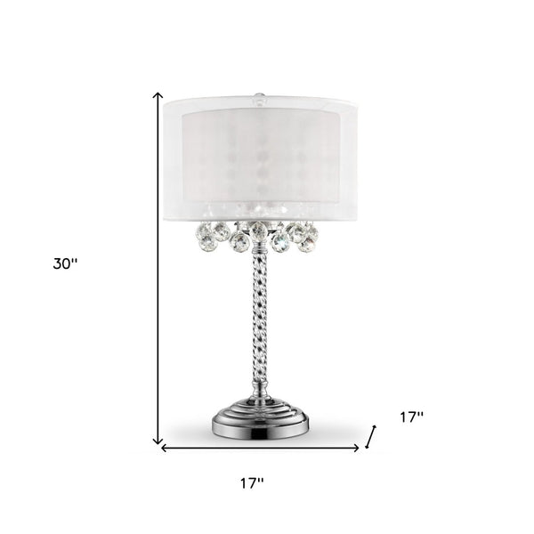 HomeRoots 30" Silver Table Lamp with Faux Crystal Swirl, White Drum Shade - Glamorous Accent for Modern Spaces 468669
