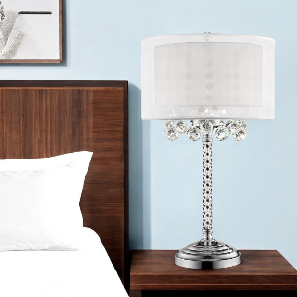 HomeRoots 30" Silver Table Lamp with Faux Crystal Swirl, White Drum Shade - Glamorous Accent for Modern Spaces 468669