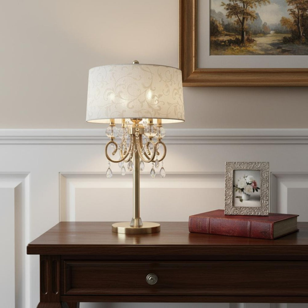 HomeRoots 33" Gold Metal Bedside Table Lamp - Elegant Four-Light Design with Luxe Shade for Cozy Ambiance 468673