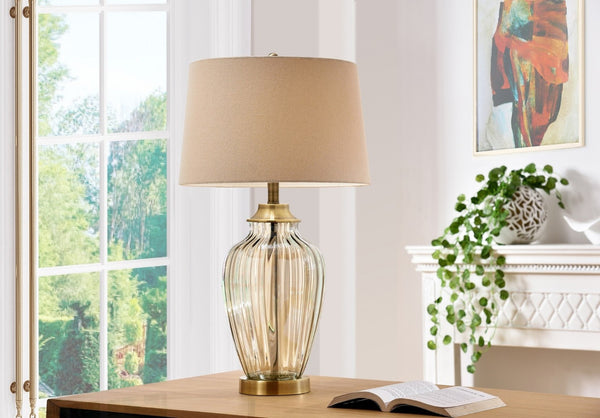 HomeRoots 29" Elegant Bronze Metal Bedside Lamp with Tan Shade - Warm Glow for Cozy Spaces and Reading 468679