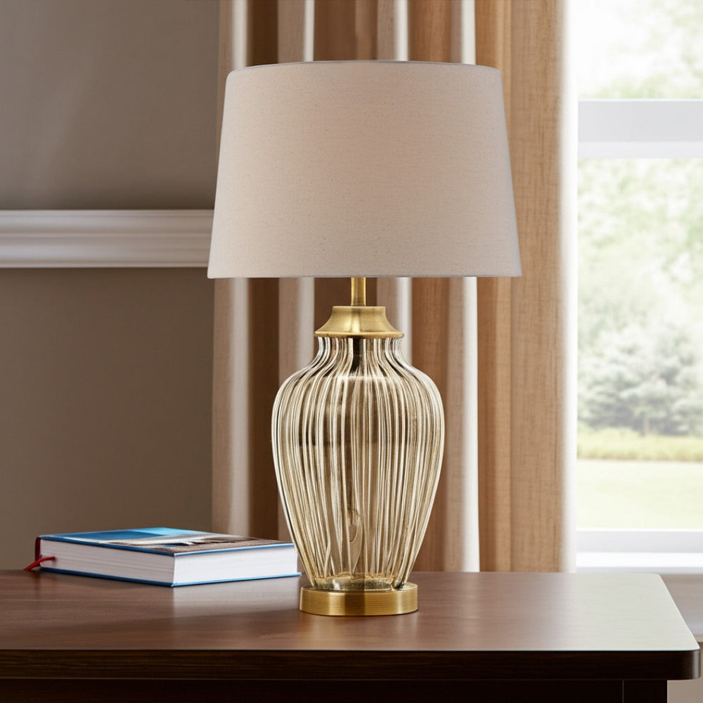 HomeRoots 29" Elegant Bronze Metal Bedside Lamp with Tan Shade - Warm Glow for Cozy Spaces and Reading 468679