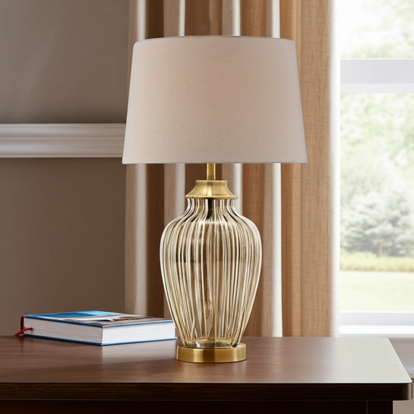 HomeRoots 29" Elegant Bronze Metal Bedside Lamp with Tan Shade - Warm Glow for Cozy Spaces and Reading 468679