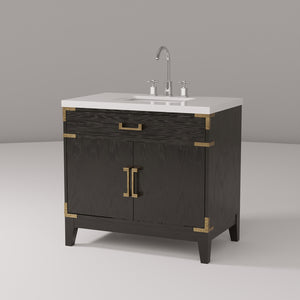 English Elm Black Oak Single Bath Vanity With Cultured Marble Top, Chrome Faucet, Soft-Close Doors & Storage B2731P260919
