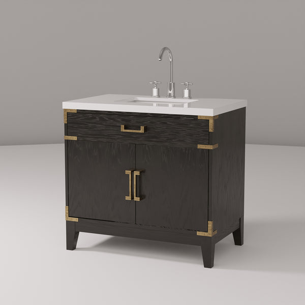 English Elm Black Oak Single Bath Vanity With Cultured Marble Top, Chrome Faucet, Soft-Close Doors & Storage B2731P260919