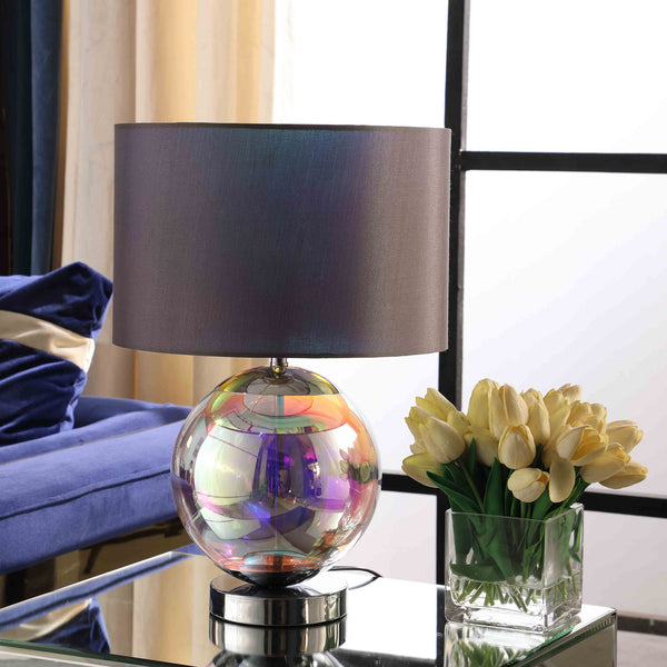 Homeroots 19" Iridescent Glass Globe Table Lamp With Gray Classic Drum Shade   468730