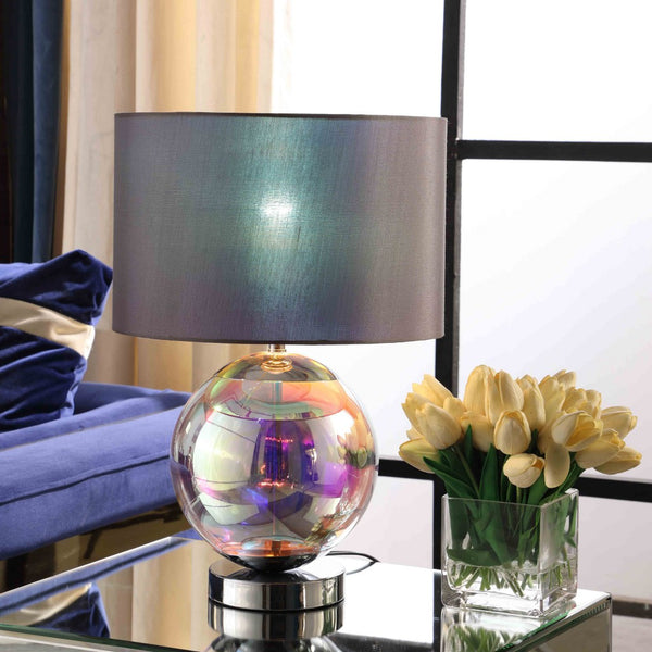 Homeroots 19" Iridescent Glass Globe Table Lamp With Gray Classic Drum Shade   468730