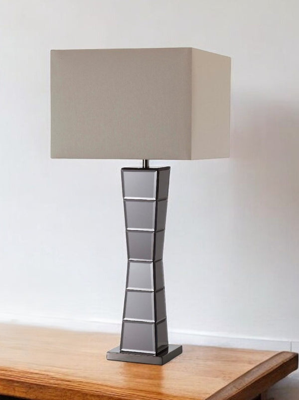 HomeRoots Black Glass Tower Lamp with Elegant Beige Shade - Modern Sculptural Lighting for Any Room 468736