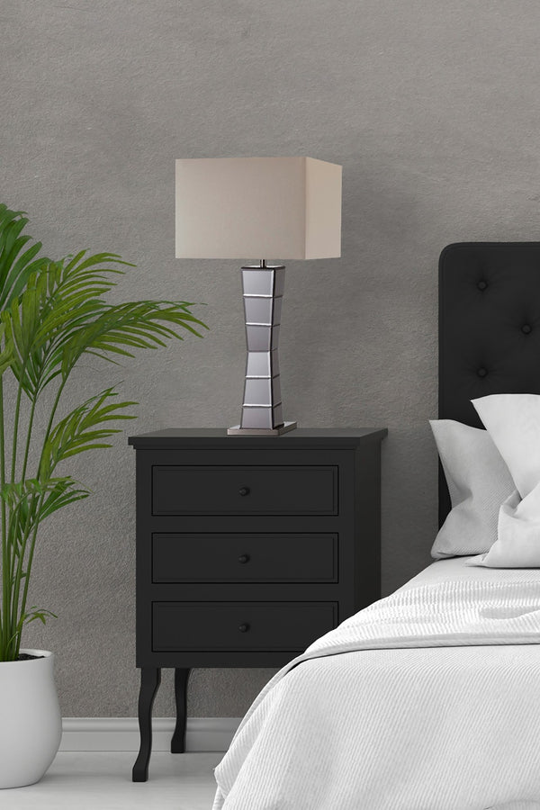 HomeRoots Black Glass Tower Lamp with Elegant Beige Shade - Modern Sculptural Lighting for Any Room 468736