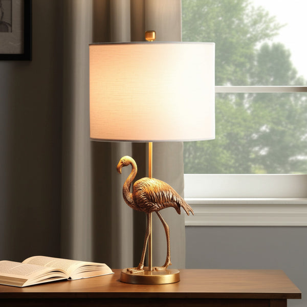 Homeroots 26" Gold Flamingo Table Lamp – Chic White Drum Shade, Stylish Design For Any Décor, Perfect Lighting   468773
