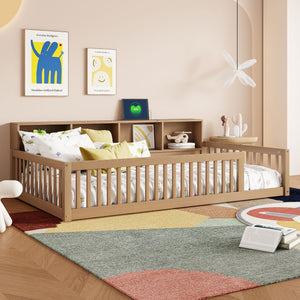 English Elm Wood Twin XL Floor Bed with Built-In Storage Cabinets, USB Charging Ports, Space-Saving Design Brown N709P205811D