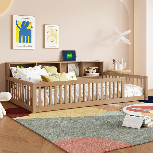 English Elm Wood Twin XL Floor Bed with Built-In Storage Cabinets, USB Charging Ports, Space-Saving Design Brown N709P205811D