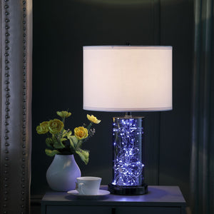 Homeroots 21" Glass Led Cylinder Table Lamp With Nightlight And White Drum Shade   468802