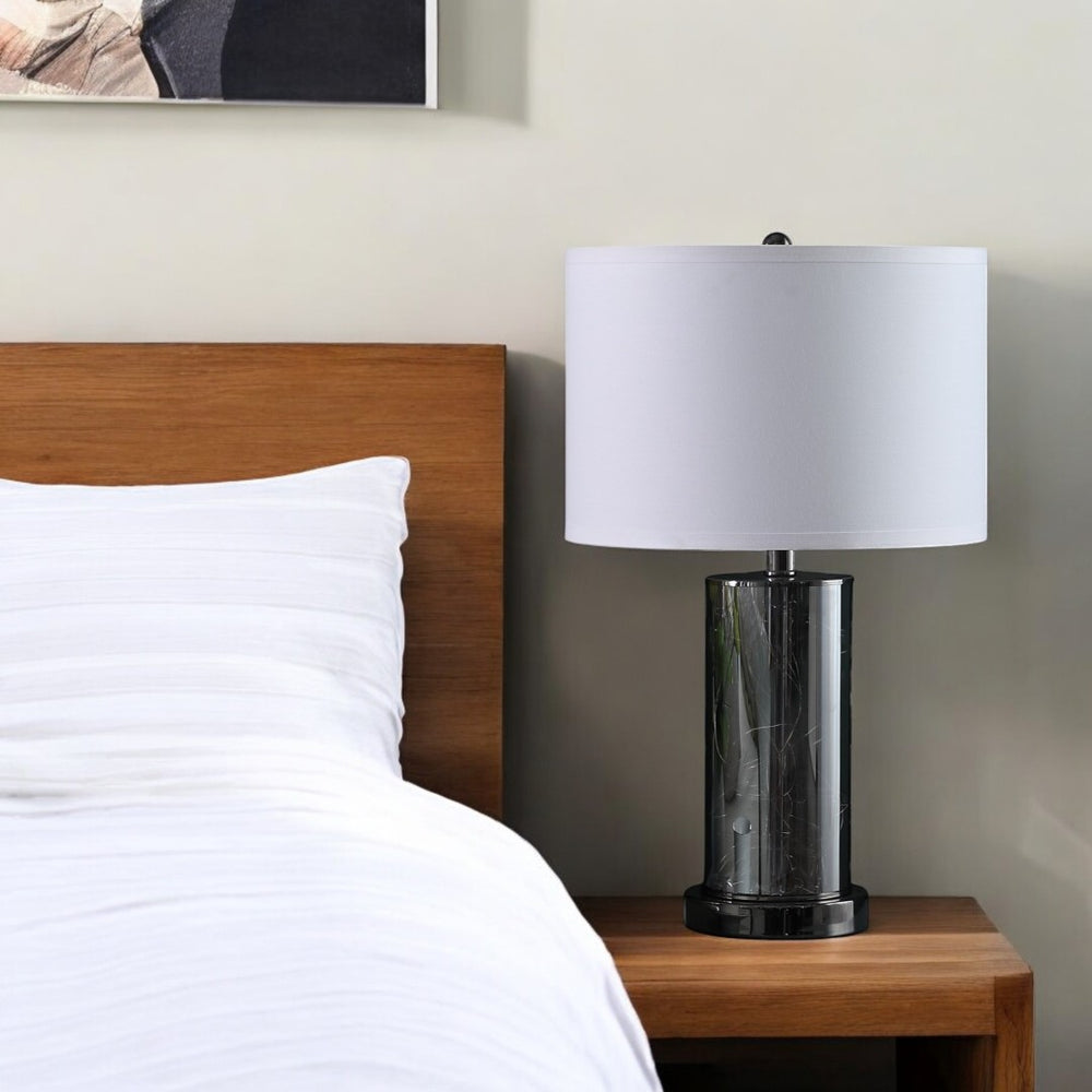 HomeRoots 21" Glass LED Table Lamp with Nightlight & White Shade - Modern Design for Home & Office Lighting 468802