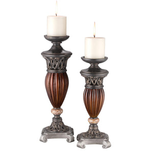 Homeroots Set Of Two Bronze And Brown Tabletop Pillar Candle Holders   468830