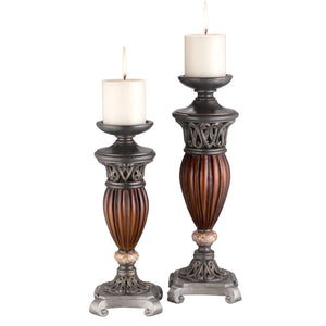Homeroots Set Of Two Bronze And Brown Tabletop Pillar Candle Holders   468830