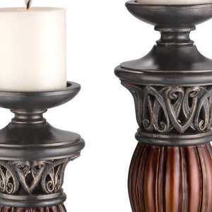 Homeroots Set Of Two Bronze And Brown Tabletop Pillar Candle Holders   468830