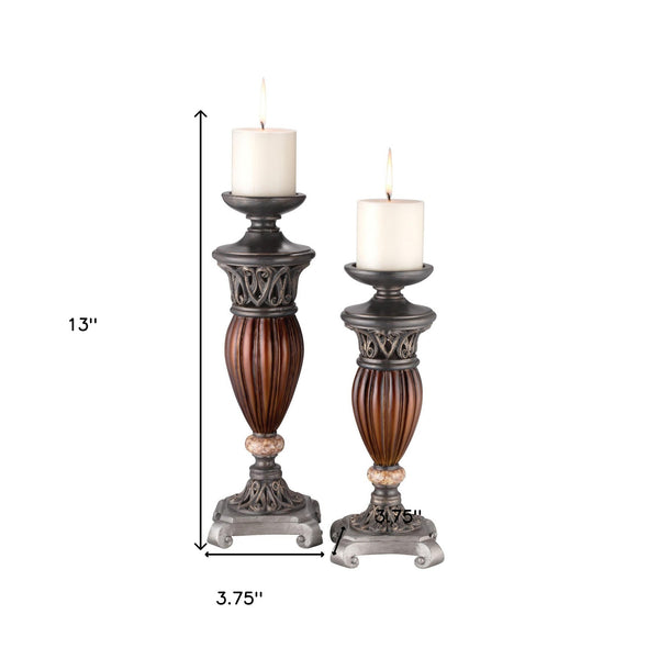 Homeroots Set Of Two Bronze And Brown Tabletop Pillar Candle Holders   468830