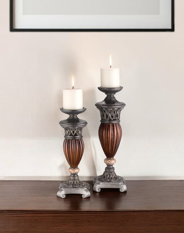 Homeroots Set Of Two Bronze And Brown Tabletop Pillar Candle Holders   468830