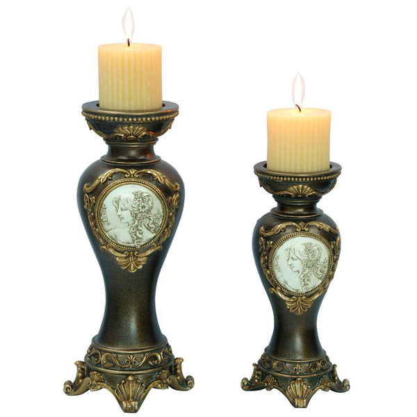 Homeroots Set Of Two Bronze Greek Cameo Pillar Candle Holders   468831