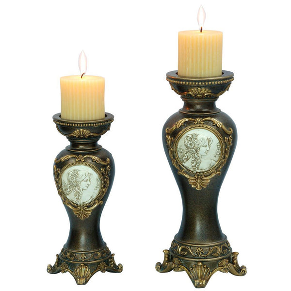Homeroots Set Of Two Bronze Greek Cameo Pillar Candle Holders   468831