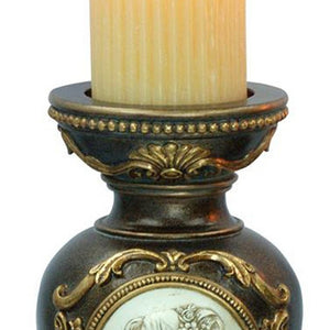Homeroots Set Of Two Bronze Greek Cameo Pillar Candle Holders   468831