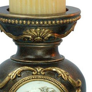 Homeroots Set Of Two Bronze Greek Cameo Pillar Candle Holders   468831