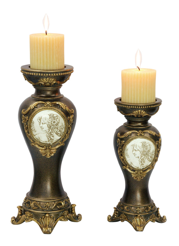 Homeroots Set Of Two Bronze Greek Cameo Pillar Candle Holders   468831
