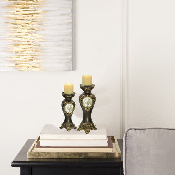 Homeroots Set Of Two Bronze Greek Cameo Pillar Candle Holders   468831