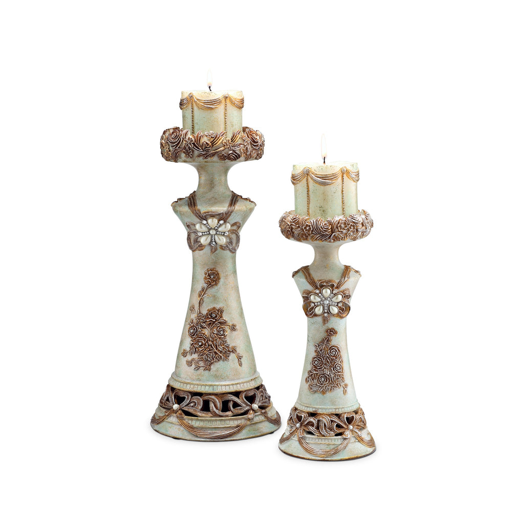 Homeroots Set Of 2 Beige And Brown Vintage Pillar Tabletop Candle Holders   468832