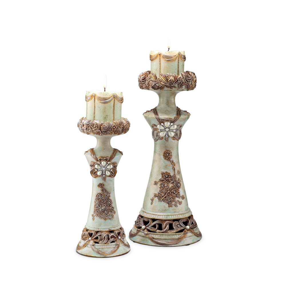 Homeroots Set Of 2 Beige And Brown Vintage Pillar Tabletop Candle Holders   468832