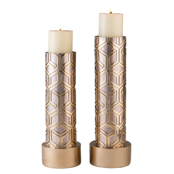 Homeroots Set Of Two Gold Tabletop Pillar Candle Holders   468839
