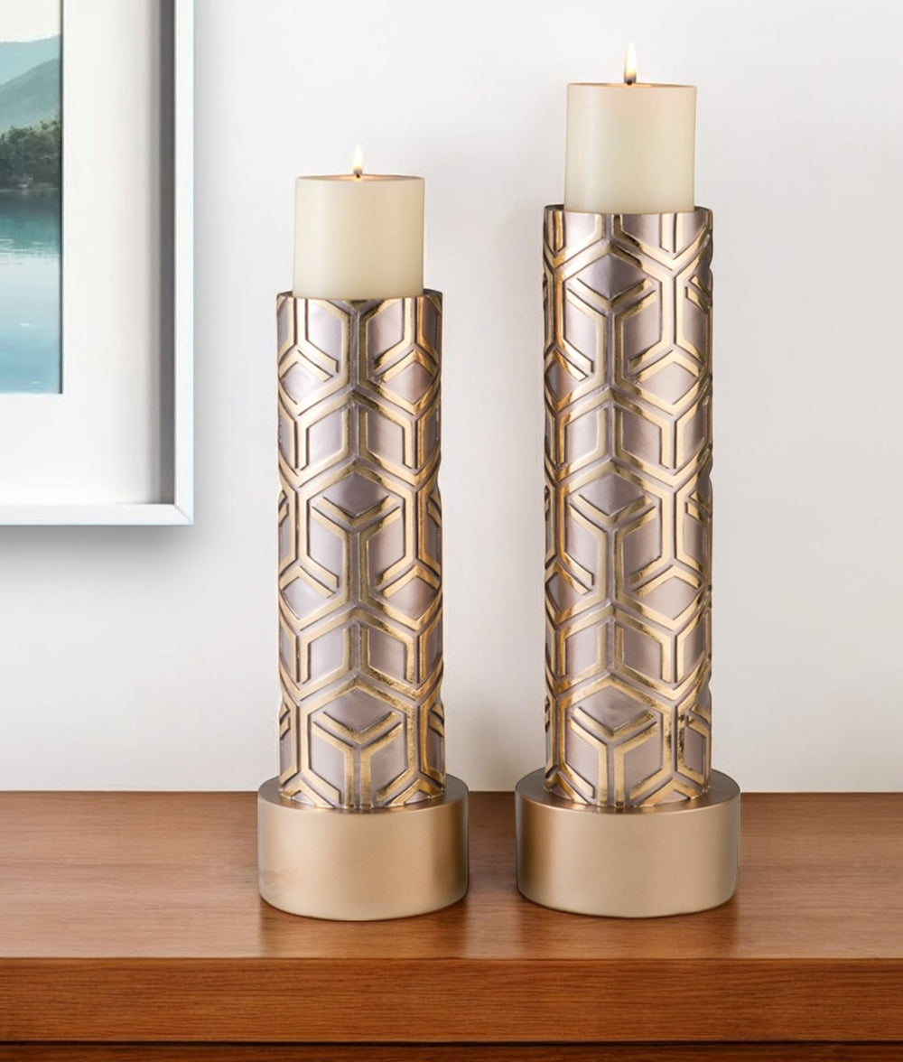 Homeroots Set Of Two Gold Tabletop Pillar Candle Holders   468839