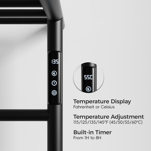 English Elm Heated Carbon-Fiber Towel Rack with Top Shelf and Timer, Rapid 3–7min Warmth, IPX4 Waterproof Black T3177P305030