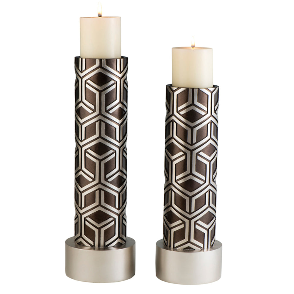 Homeroots Set Of Two Espresso And Silver Pillar Tabletop Pillar Candle Holders   468840