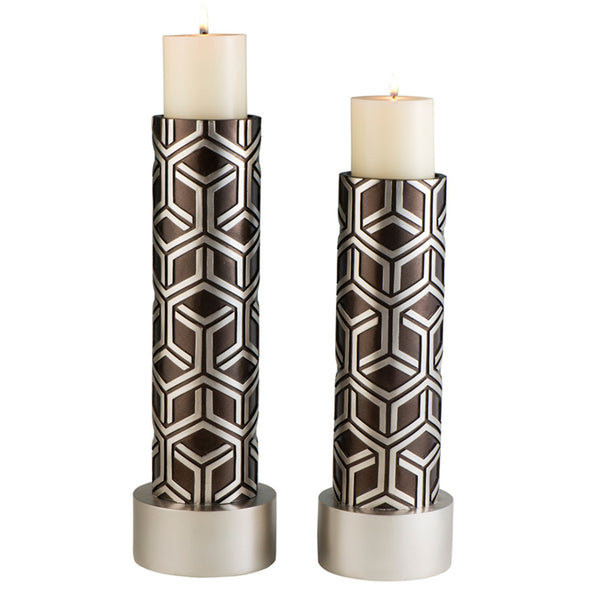 Homeroots Set Of Two Espresso And Silver Pillar Tabletop Pillar Candle Holders   468840