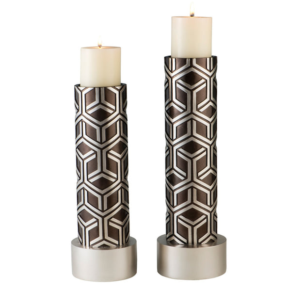 Homeroots Set Of Two Espresso And Silver Pillar Tabletop Pillar Candle Holders   468840