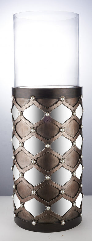 Homeroots 31" Bronze And Silver With Pearls Floor Hurricane Candle Holder   468841