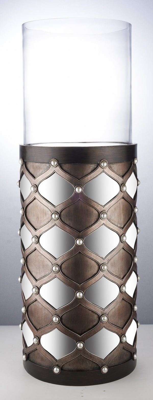 Homeroots 31" Bronze And Silver With Pearls Floor Hurricane Candle Holder   468841