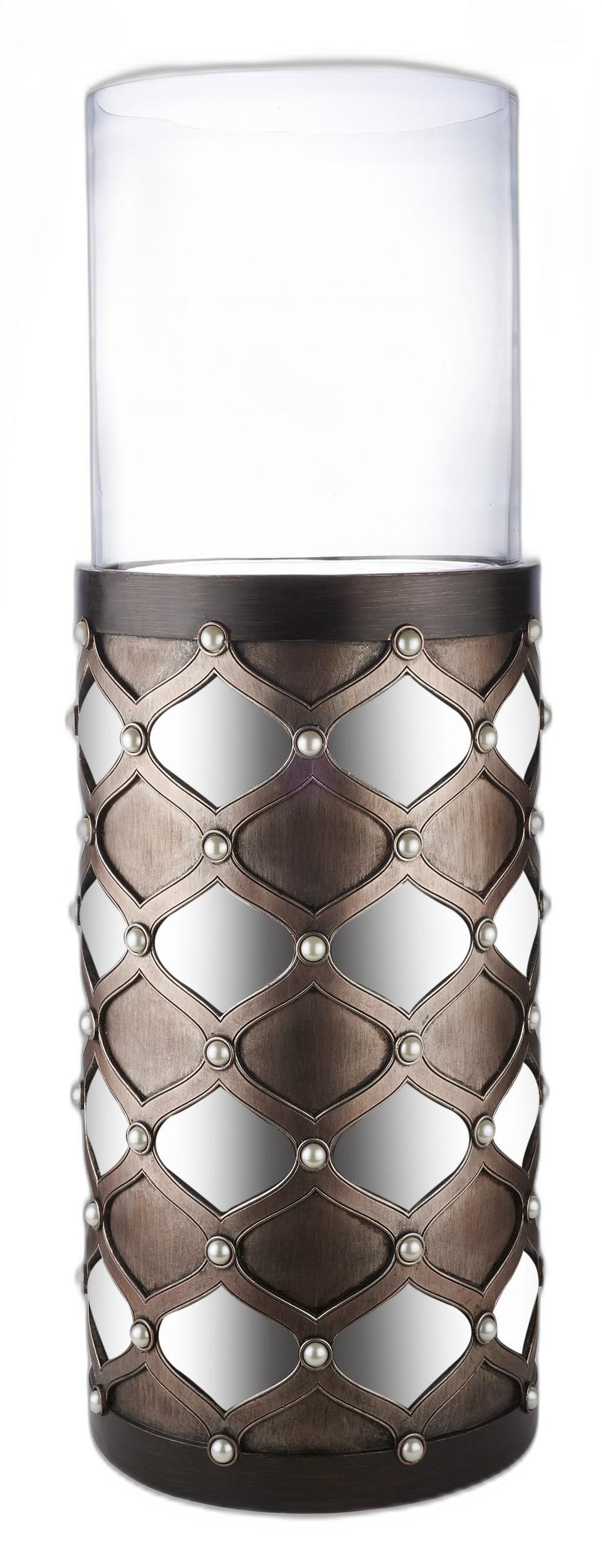 Homeroots 31" Bronze And Silver With Pearls Floor Hurricane Candle Holder   468841