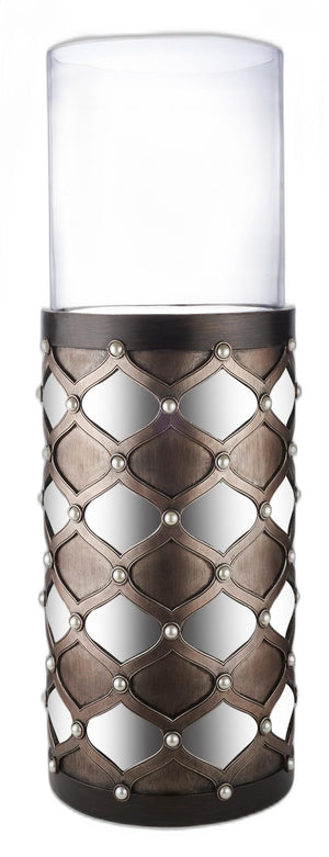 Homeroots 31" Bronze And Silver With Pearls Floor Hurricane Candle Holder   468841