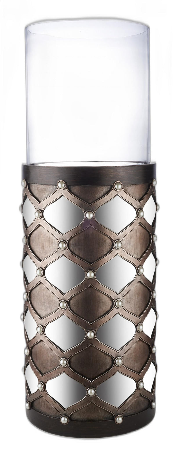 Homeroots 31" Bronze And Silver With Pearls Floor Hurricane Candle Holder   468841