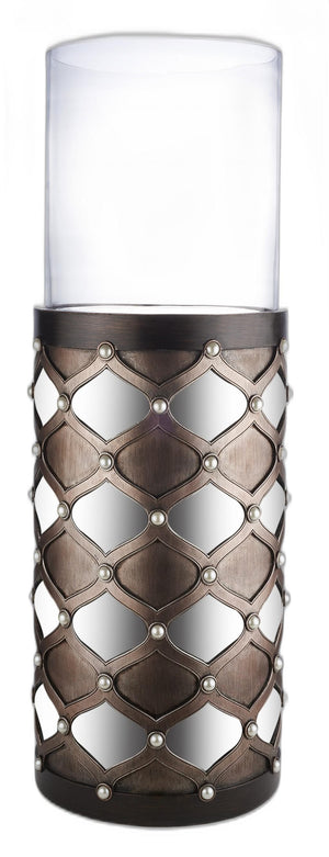 Homeroots 31" Bronze And Silver With Pearls Floor Hurricane Candle Holder   468841
