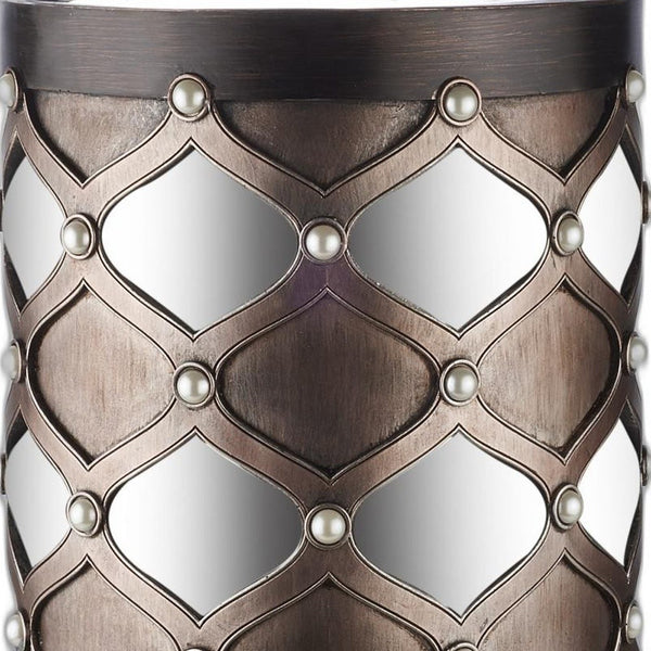 Homeroots 31" Bronze And Silver With Pearls Floor Hurricane Candle Holder   468841