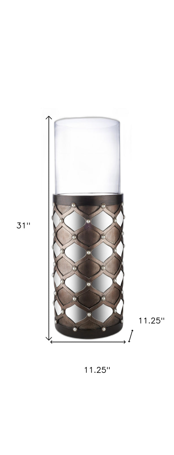 Homeroots 31" Bronze And Silver With Pearls Floor Hurricane Candle Holder   468841