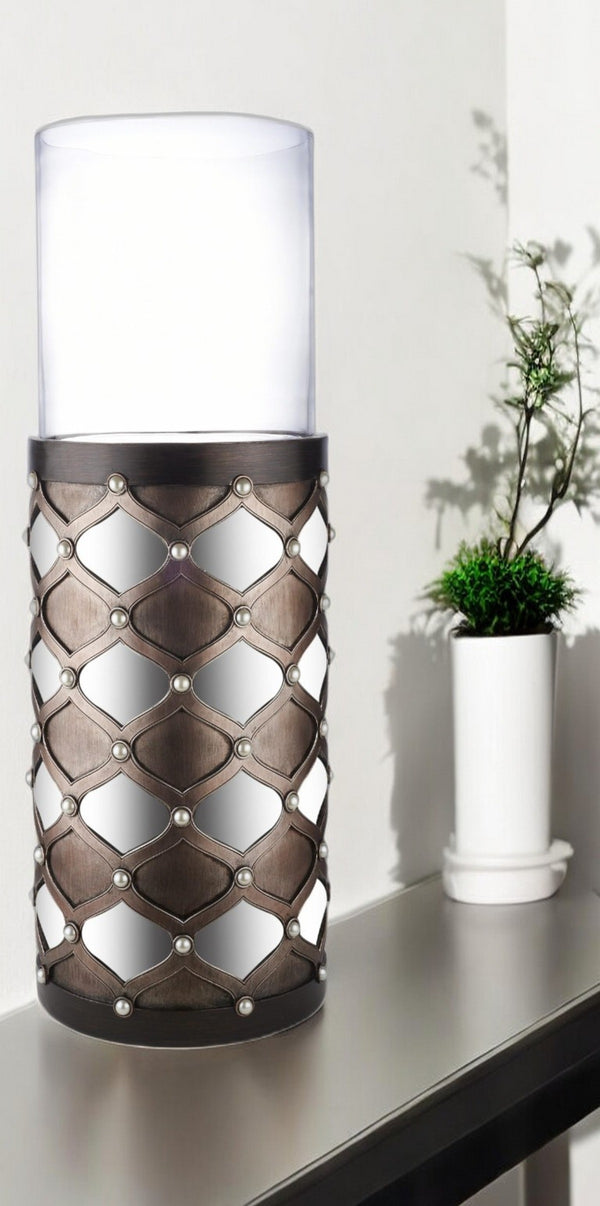 Homeroots 31" Bronze And Silver With Pearls Floor Hurricane Candle Holder   468841