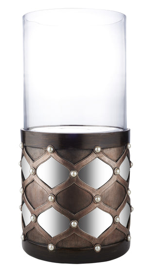 Homeroots 22" Bronze And Silver With Pearls Tabletop Hurricane Candle Holder   468842